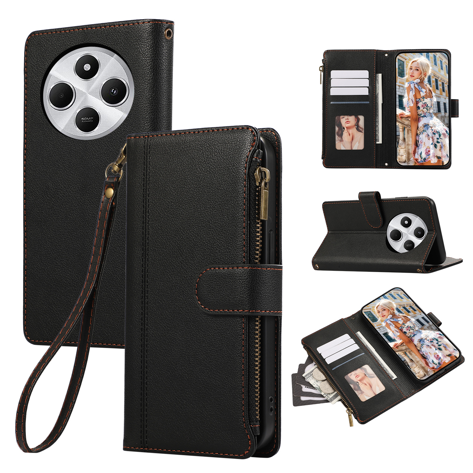Leather Phone Cover For Xiaomi Redmi 14C 4G  /  A3 Pro 4G  /  A4 5G  /  14R 5G  /  Poco C75 4G  /  Poco M7 5G Multi Card Slots Zipper with Wrist Strap