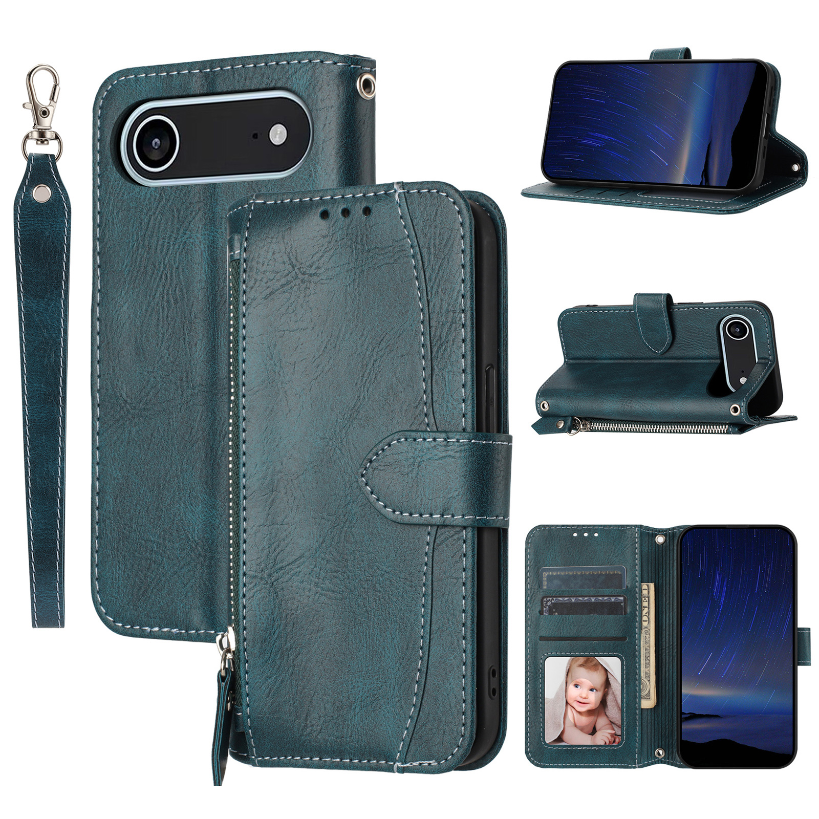 For iPhone Air Case Zipper Pocket Wallet Leather Phone Cover with Wrist Strap - Blackish Green