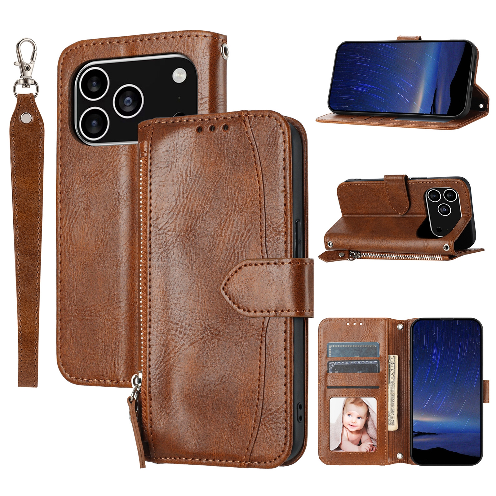 For iPhone 17 Pro Case Zipper Pocket Wallet Leather Phone Cover with Wrist Strap - Brown