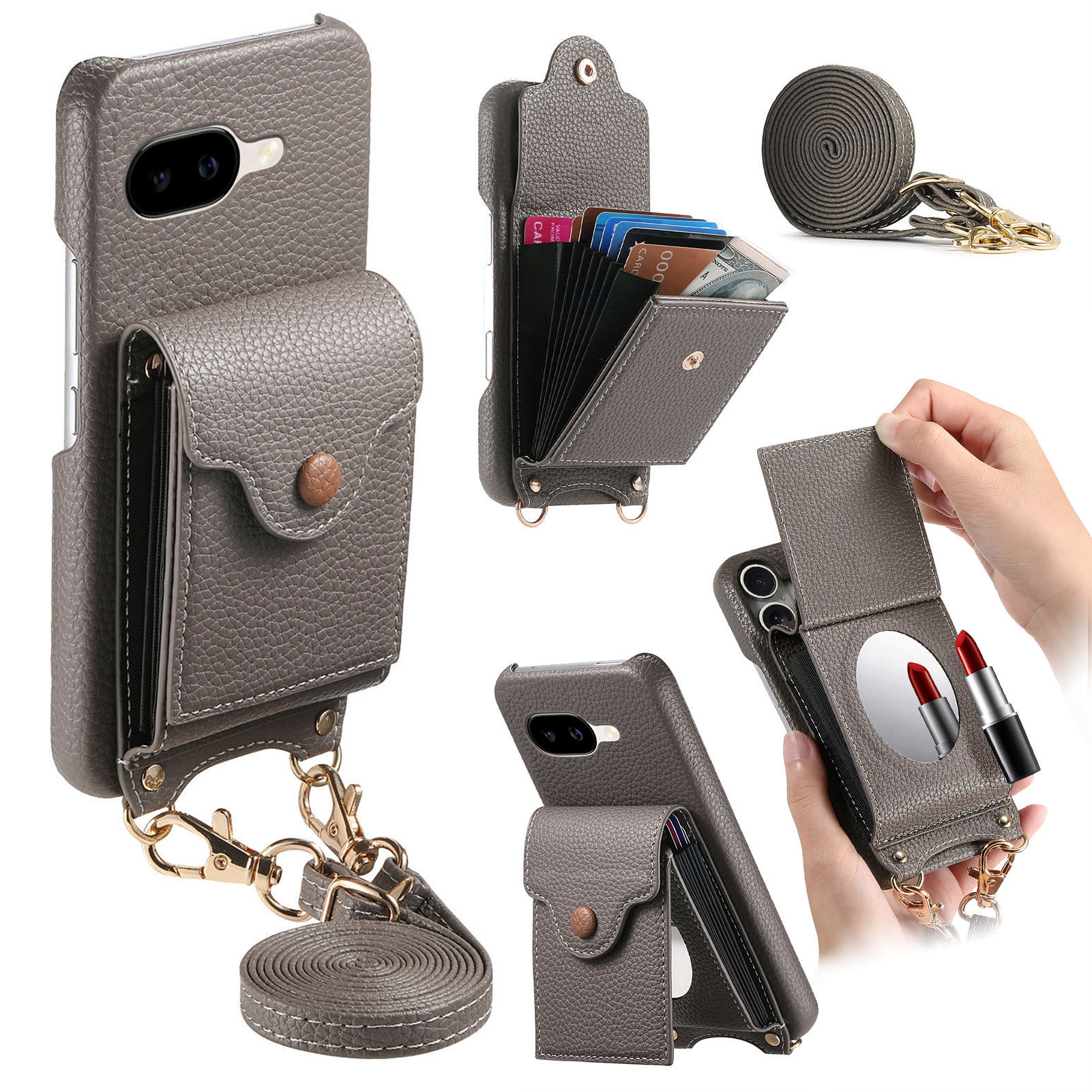 For Google Pixel 9a Case Mirror Card Holder Litchi Texture Leather Phone Back Cover with Long Strap - Silvery Grey