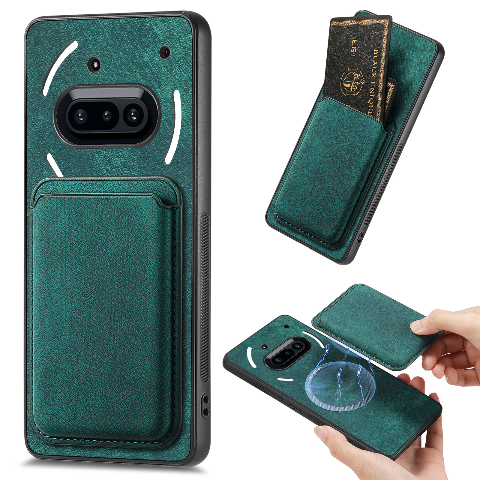 For Nothing Phone (3a) Magnetic Case Leather Back Cover with Detachable Card Holder - Green