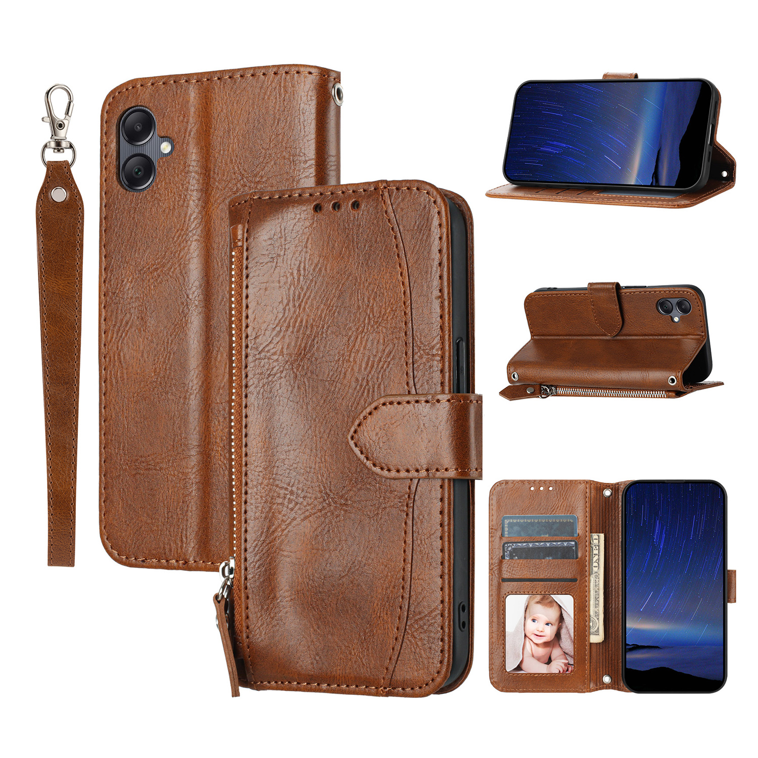 For Samsung Galaxy A07 4G / A06 5G Case Zipper Pocket Wallet Leather Phone Cover with Wrist Strap - Brown