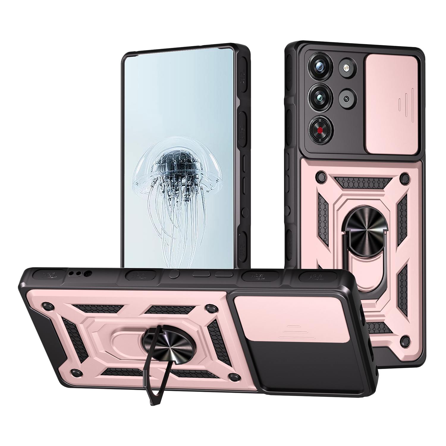 For ZTE nubia RedMagic 10 Pro 5G Case with Slide Camera Lid PC + TPU Kickstand Phone Cover - Rose Gold