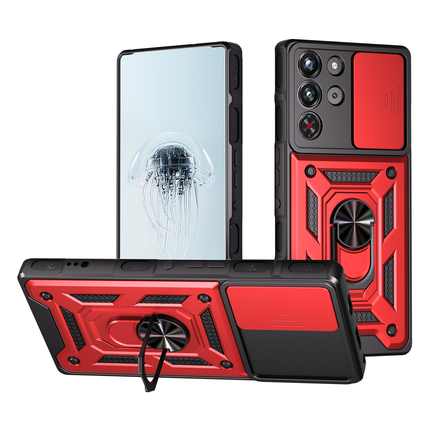 For ZTE nubia RedMagic 10 Pro 5G Case with Slide Camera Lid PC + TPU Kickstand Phone Cover - Red