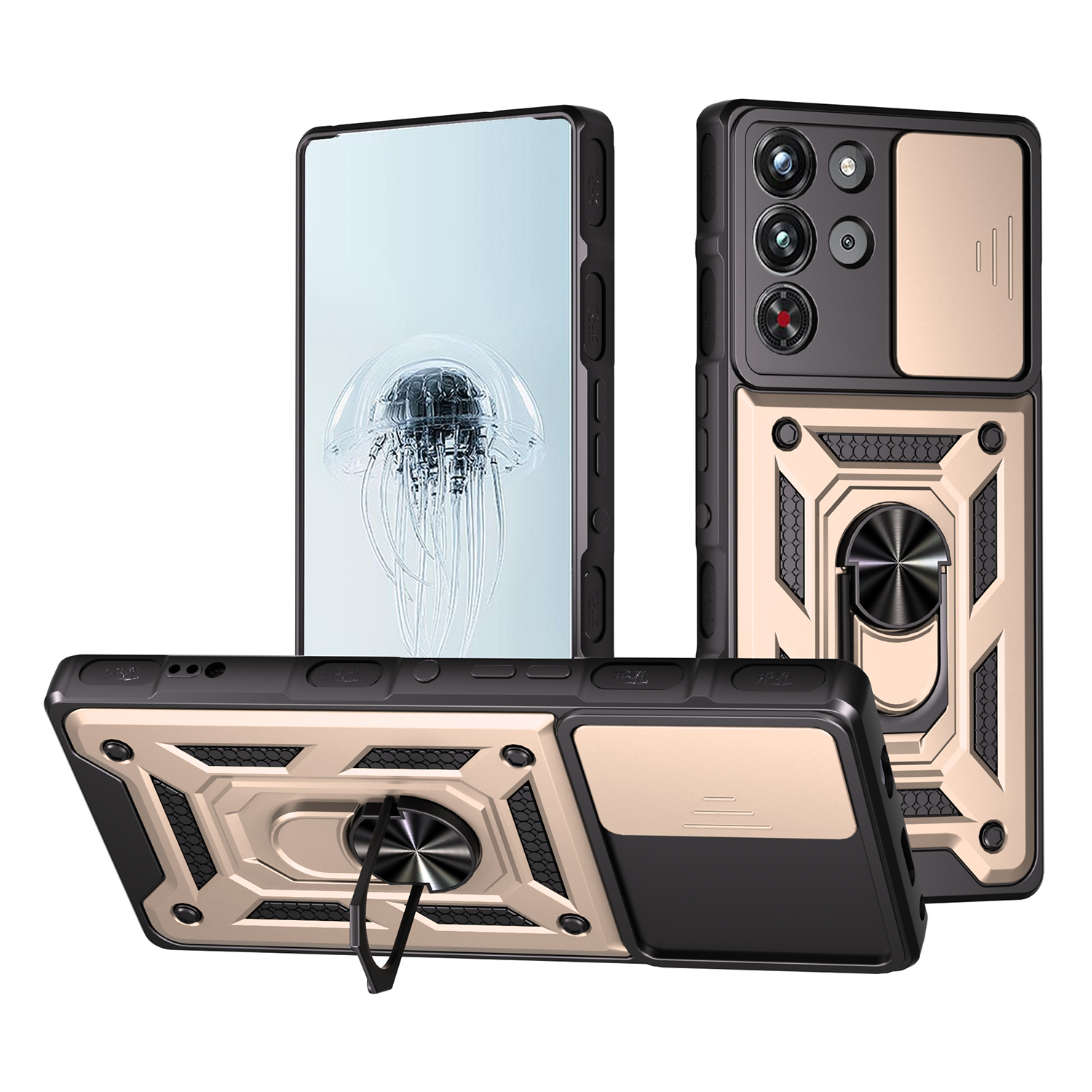 For ZTE nubia RedMagic 10 Pro 5G Case with Slide Camera Lid PC + TPU Kickstand Phone Cover - Gold