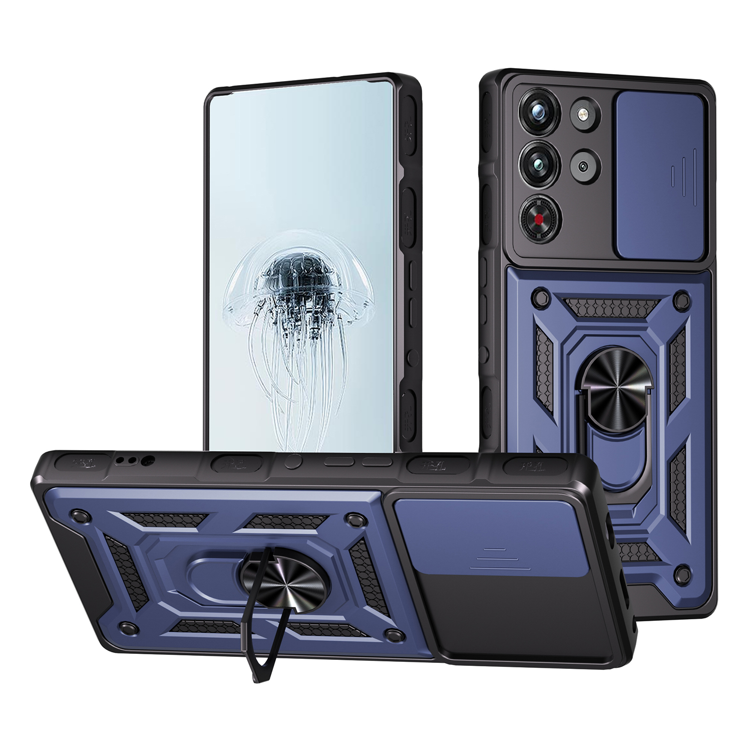 For ZTE nubia RedMagic 10 Pro 5G Case with Slide Camera Lid PC + TPU Kickstand Phone Cover - Blue
