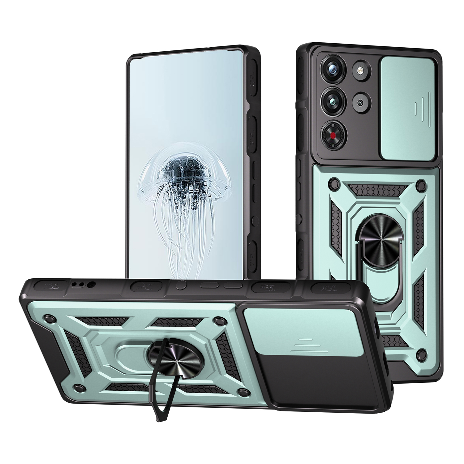 For ZTE nubia RedMagic 10 Pro 5G Case with Slide Camera Lid PC + TPU Kickstand Phone Cover - Green