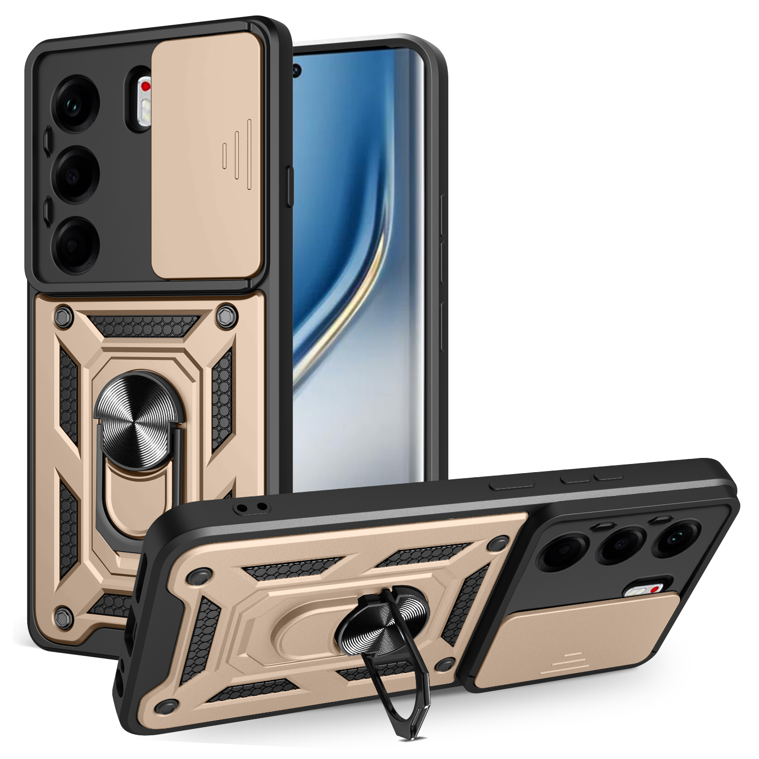 For TECNO Camon 40 Pro 4G Case with Slide Camera Lid PC + TPU Kickstand Phone Cover - Gold