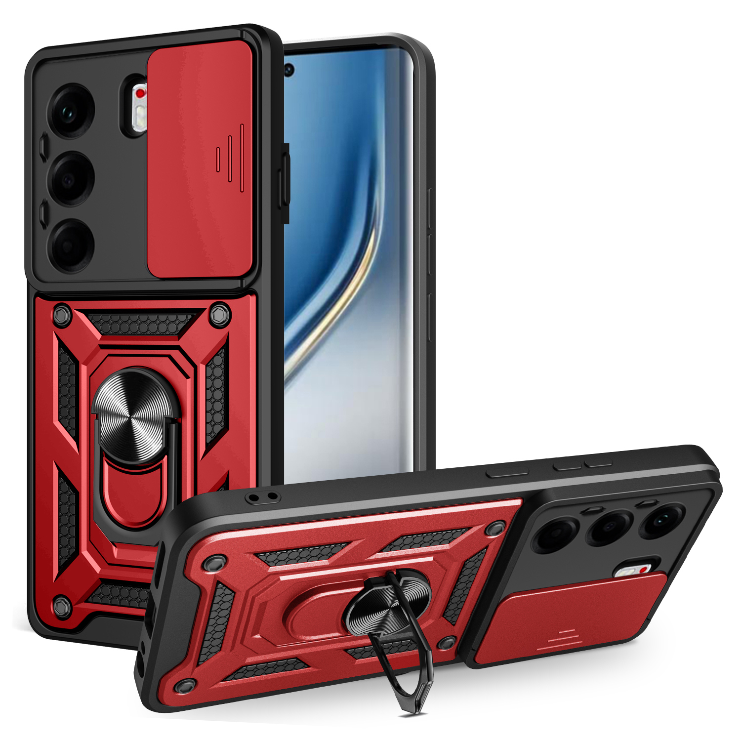 For TECNO Camon 40 Pro 4G Case with Slide Camera Lid PC + TPU Kickstand Phone Cover - Red
