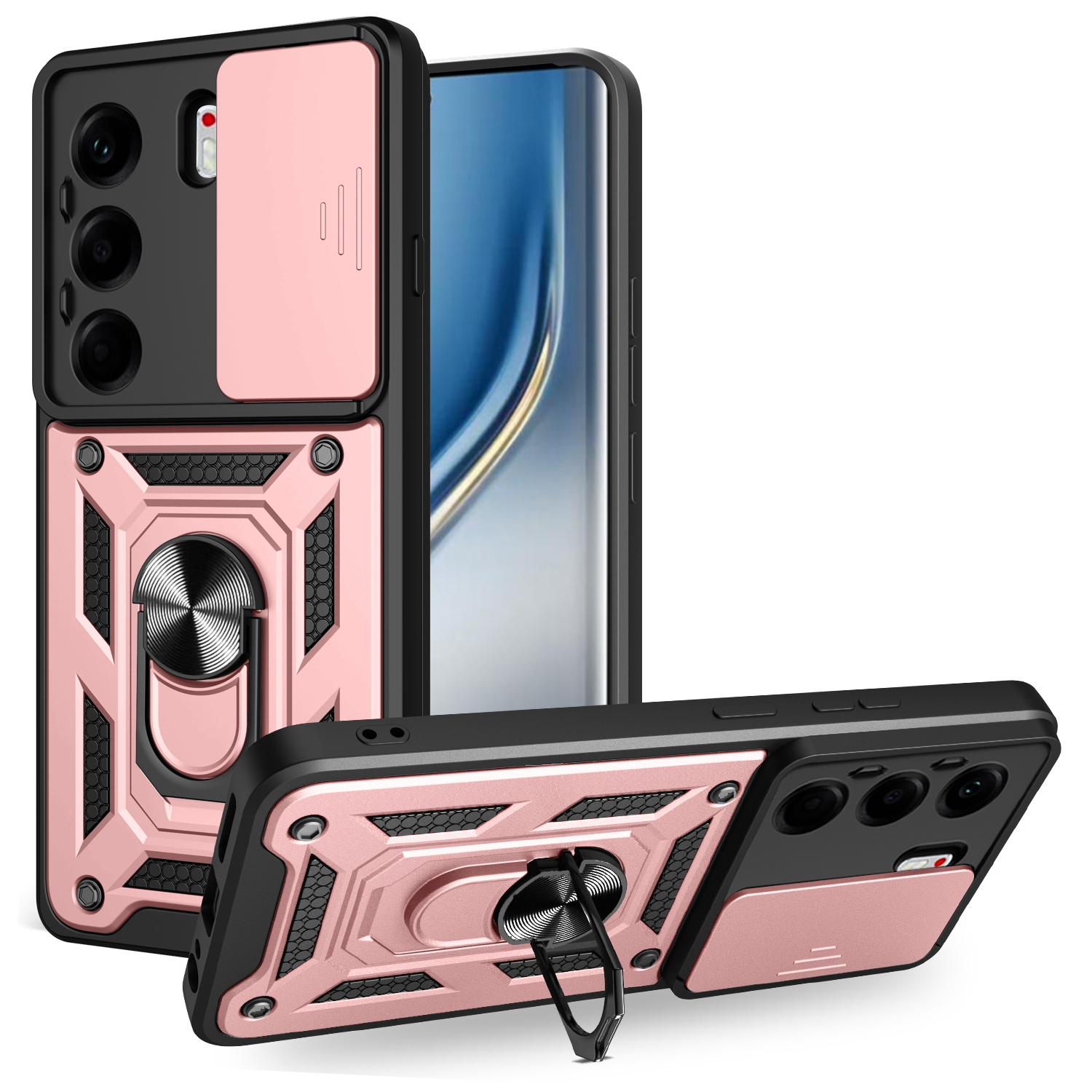 For TECNO Camon 40 Pro 4G Case with Slide Camera Lid PC + TPU Kickstand Phone Cover - Rose Gold