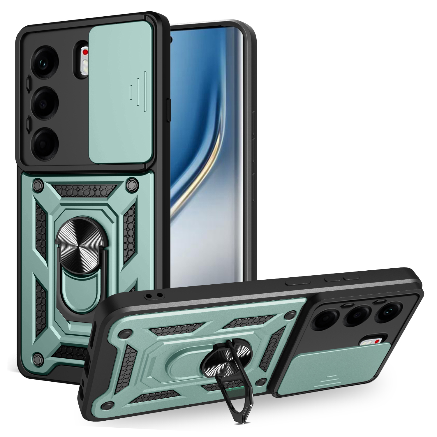 For TECNO Camon 40 Pro 4G Case with Slide Camera Lid PC + TPU Kickstand Phone Cover - Green