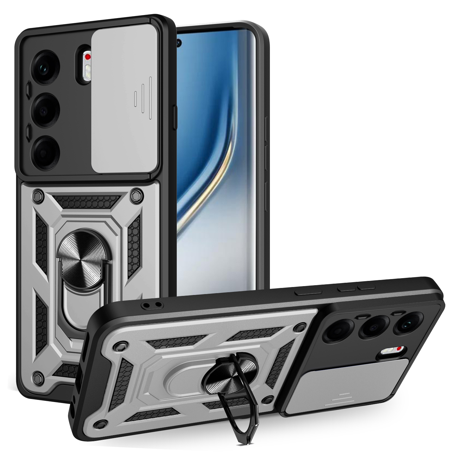 For TECNO Camon 40 Pro 4G Case with Slide Camera Lid PC + TPU Kickstand Phone Cover - Silver