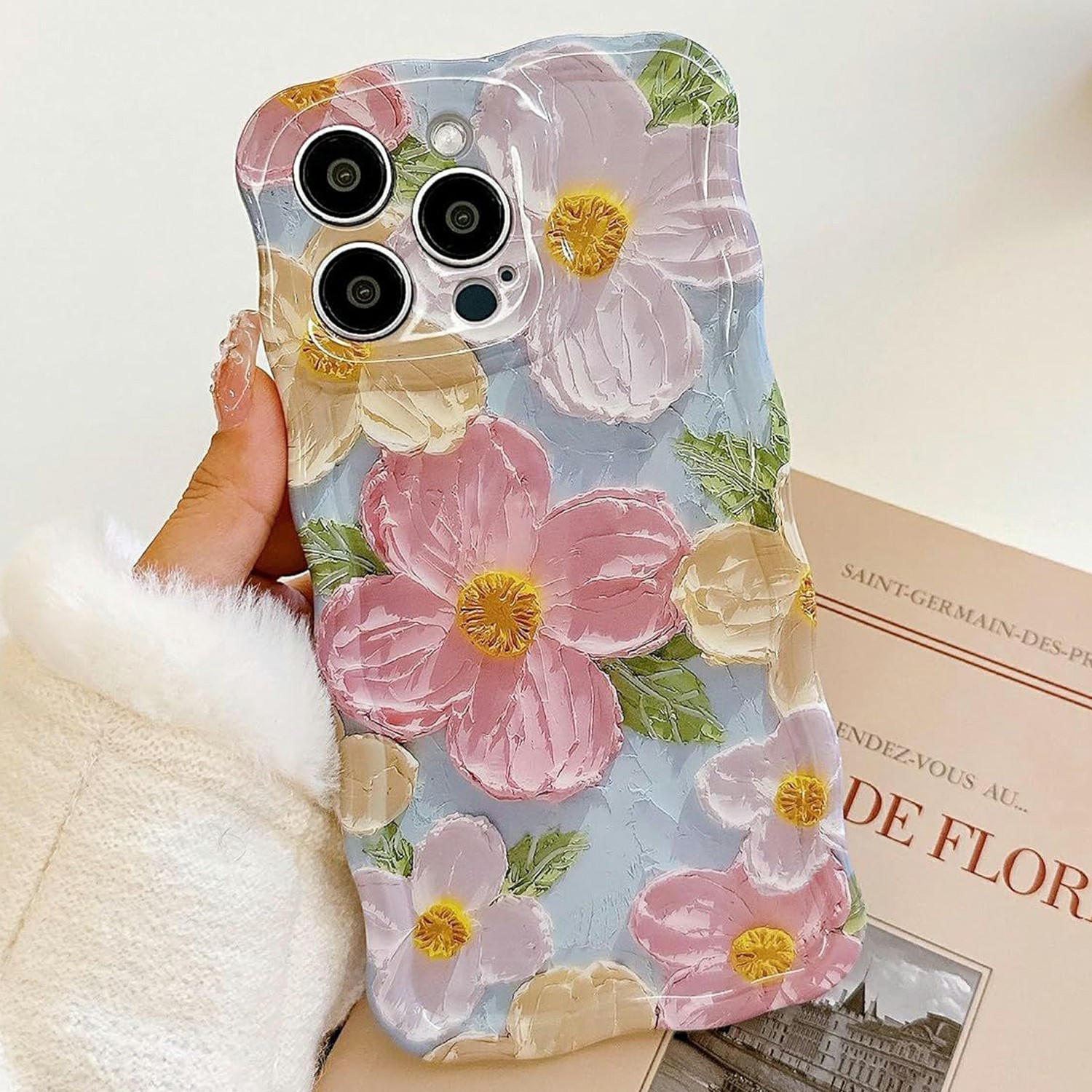For iPhone 13 Pro Max Case Oil Painting Flower Pattern TPU Phone Cover with Curly Wave Frame