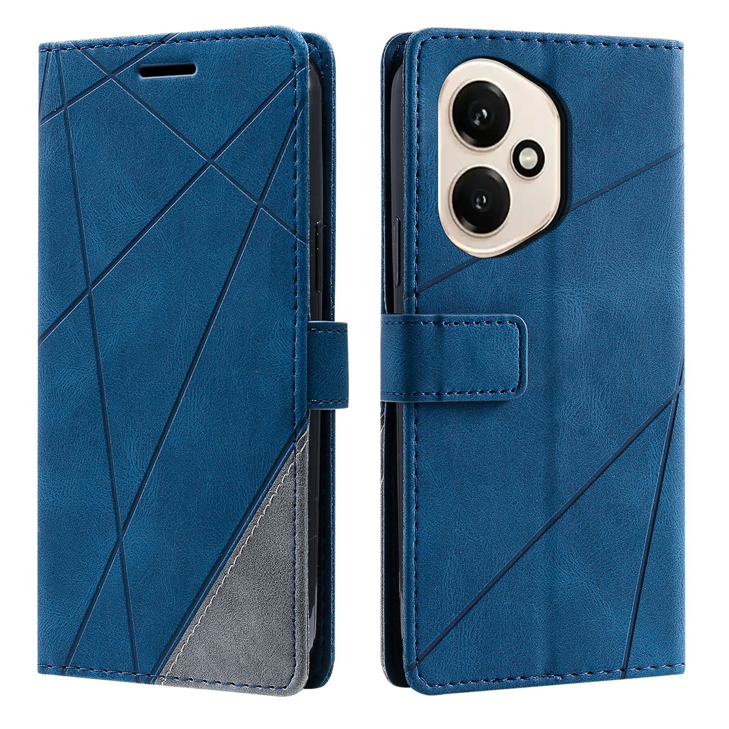 For Honor 400 5G (Global) Case Imprinted Lines PU Leather Splicing Wallet Phone Cover with Wrist Strap - Blue