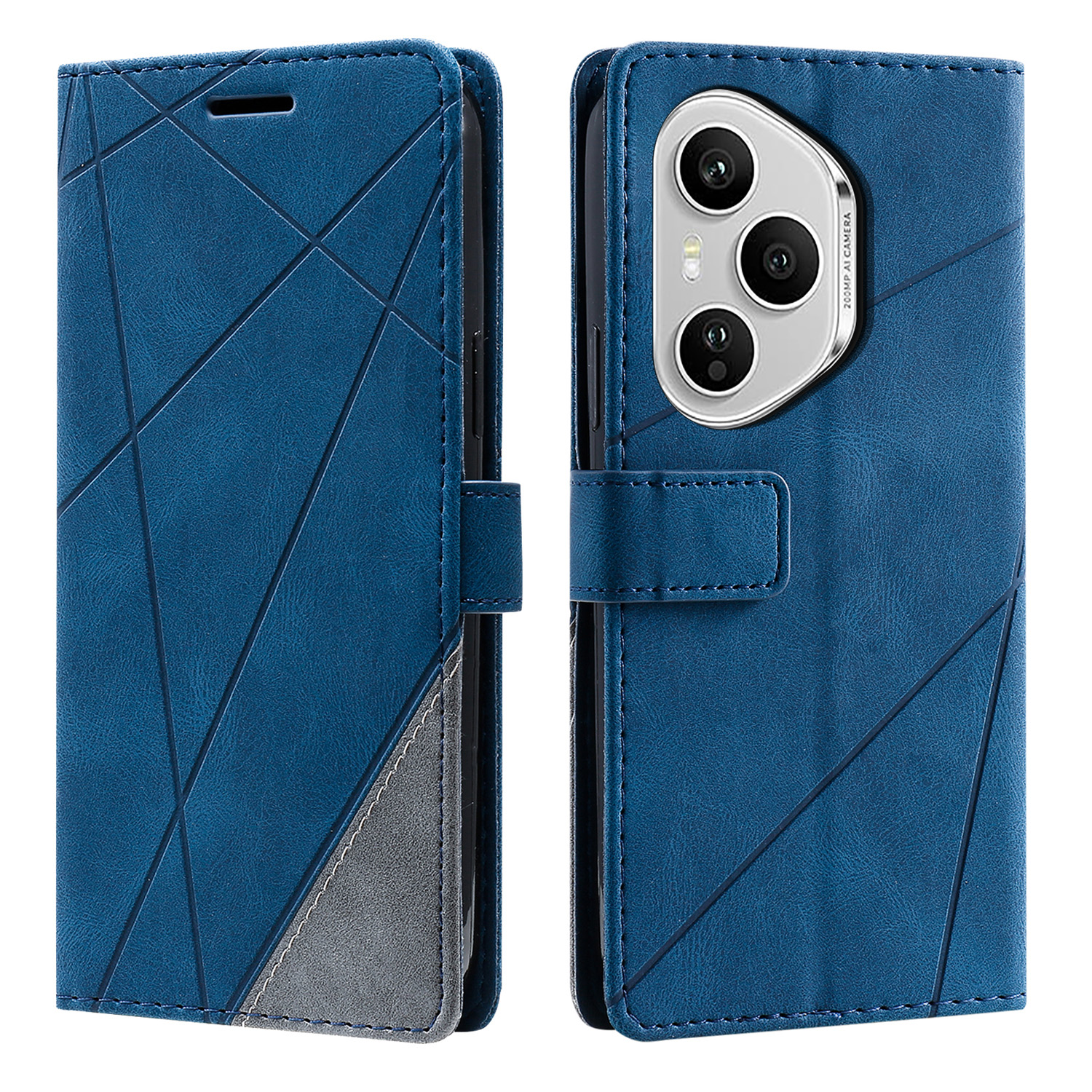 For Honor 400 Pro 5G (Global) Case Imprinted Lines PU Leather Splicing Wallet Phone Cover with Wrist Strap - Blue