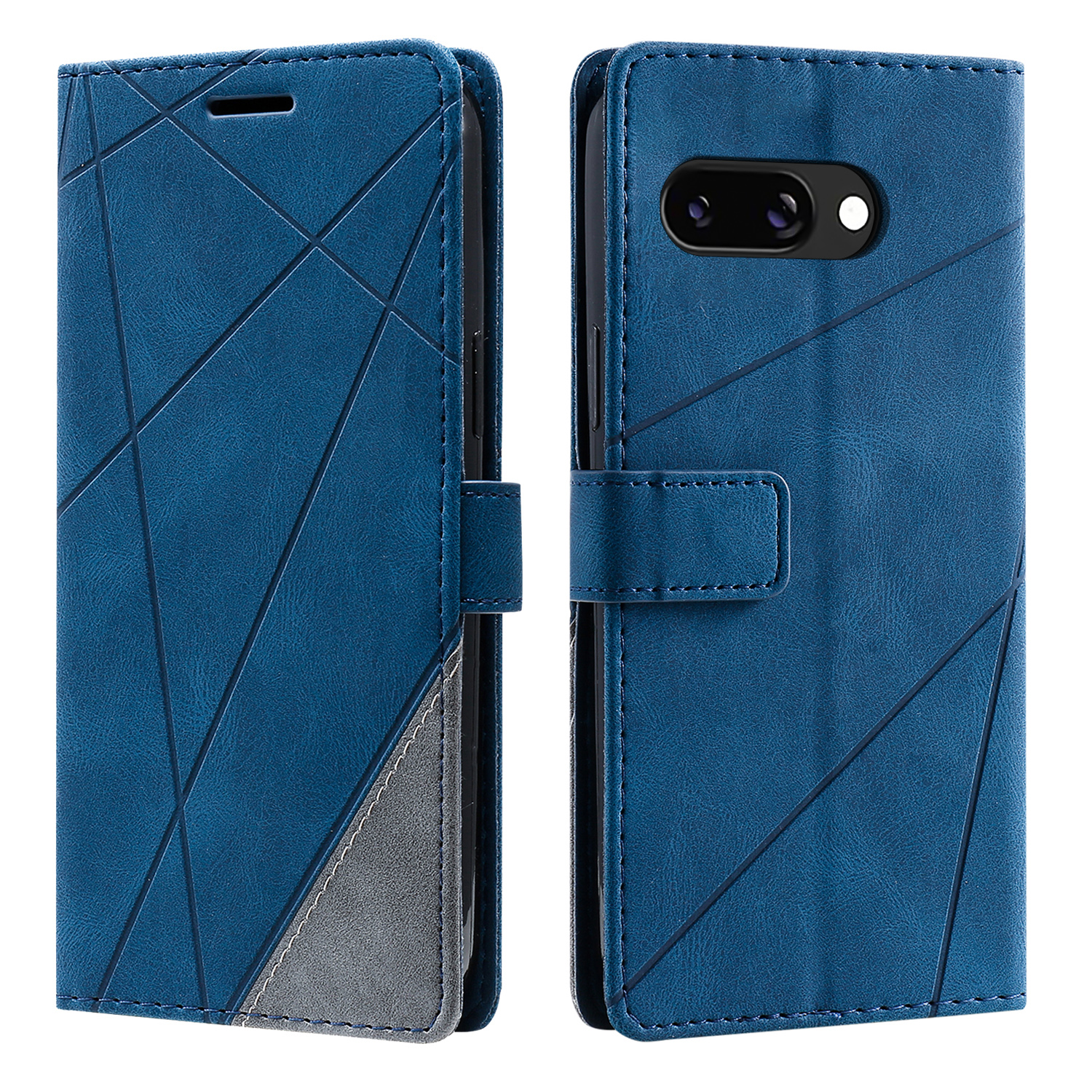 For Google Pixel 9a Case Imprinted Lines PU Leather Splicing Wallet Phone Cover with Wrist Strap - Blue