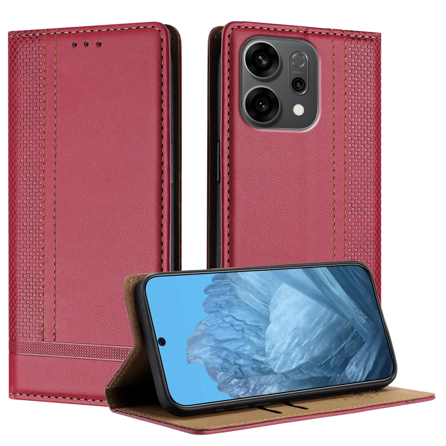 For Oppo Reno14 F 5G Case L-Shaped Grid Pattern Leather Stand Phone Cover with Card Slots - Red