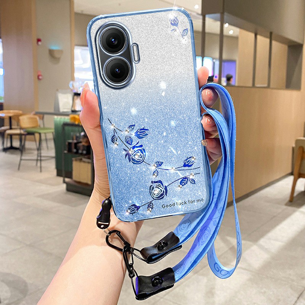 KADEM For Xiaomi Redmi Turbo 4 Pro 5G / Poco F7 5G Case Flower Pattern TPU Gradient Phone Cover with Lanyards - Blue