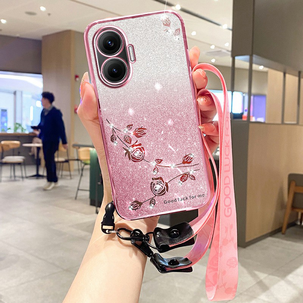 KADEM For Xiaomi Redmi Turbo 4 Pro 5G / Poco F7 5G Case Flower Pattern TPU Gradient Phone Cover with Lanyards - Rose Gold