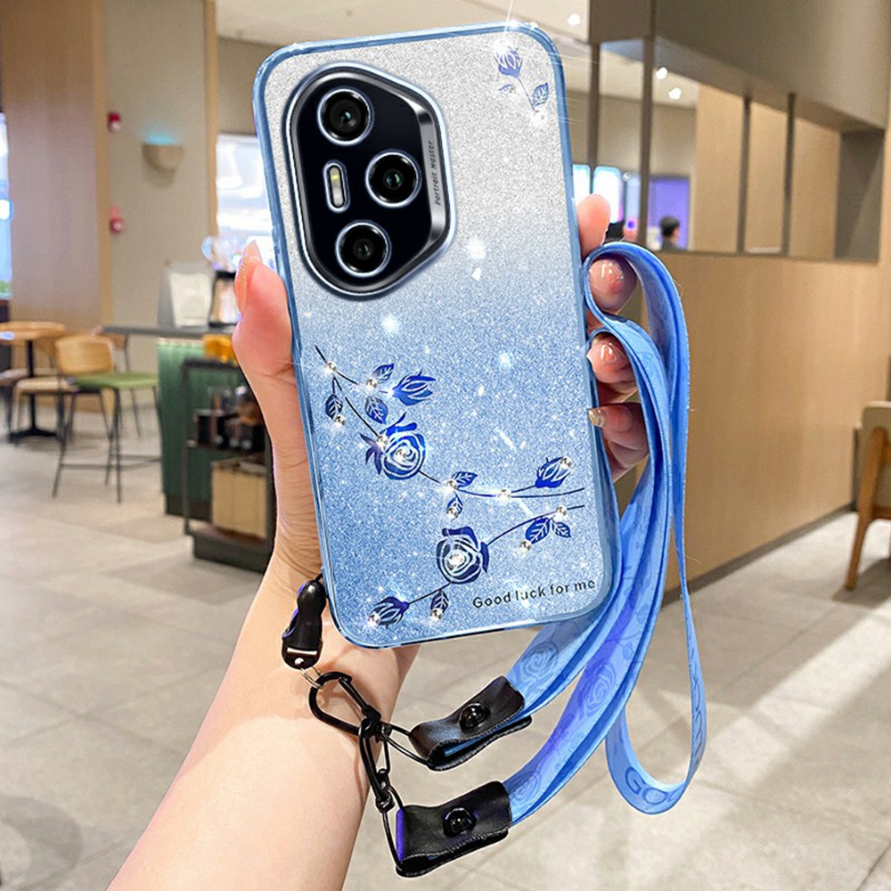 KADEM For Honor 400 Pro 5G (Global) Case Flower Pattern TPU Gradient Phone Cover with Lanyards - Blue