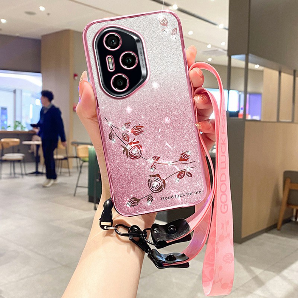 KADEM For Honor 400 Pro 5G (Global) Case Flower Pattern TPU Gradient Phone Cover with Lanyards - Rose Gold