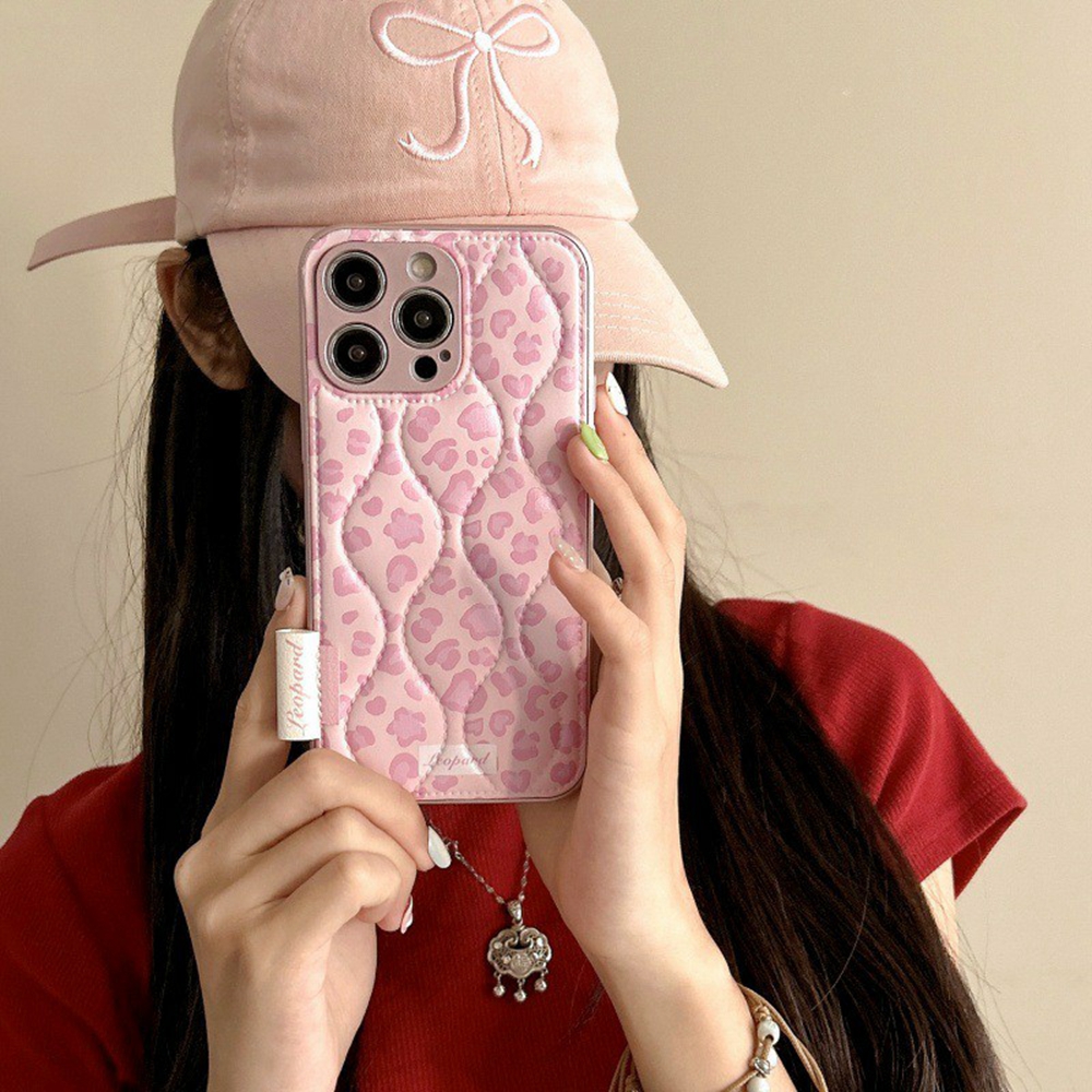 For iPhone 16 Pro Max Case Down Jacket Leopard Print Acrylic Phone Back Cover - Pink