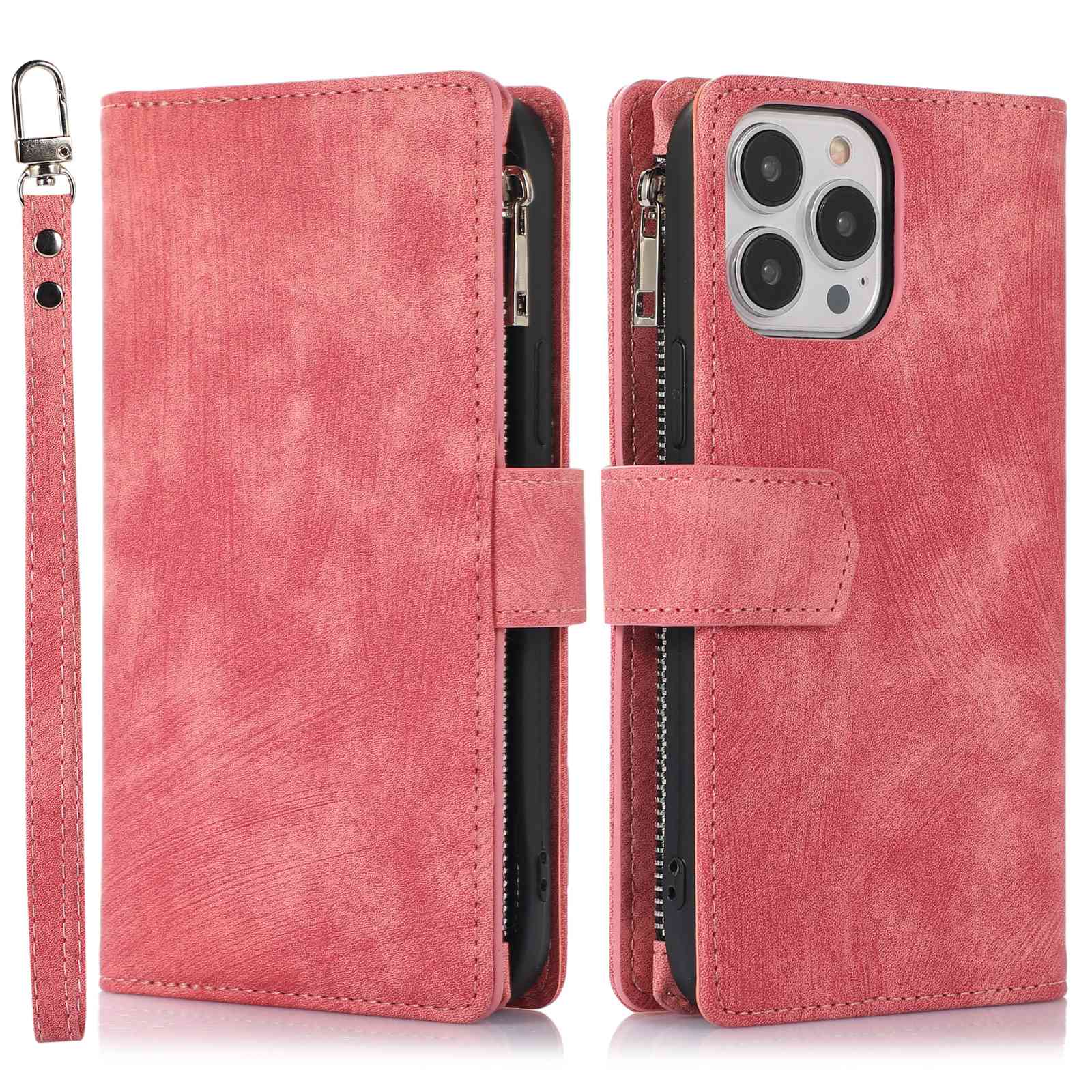

For iPhone 14 Pro Max Zipper Pocket Card Holder Phone Protective Case Skin-touch PU Leather Stand Wallet Cover with Wrist and Shoulder Strap - Pink, iPhone 14 Pro Max