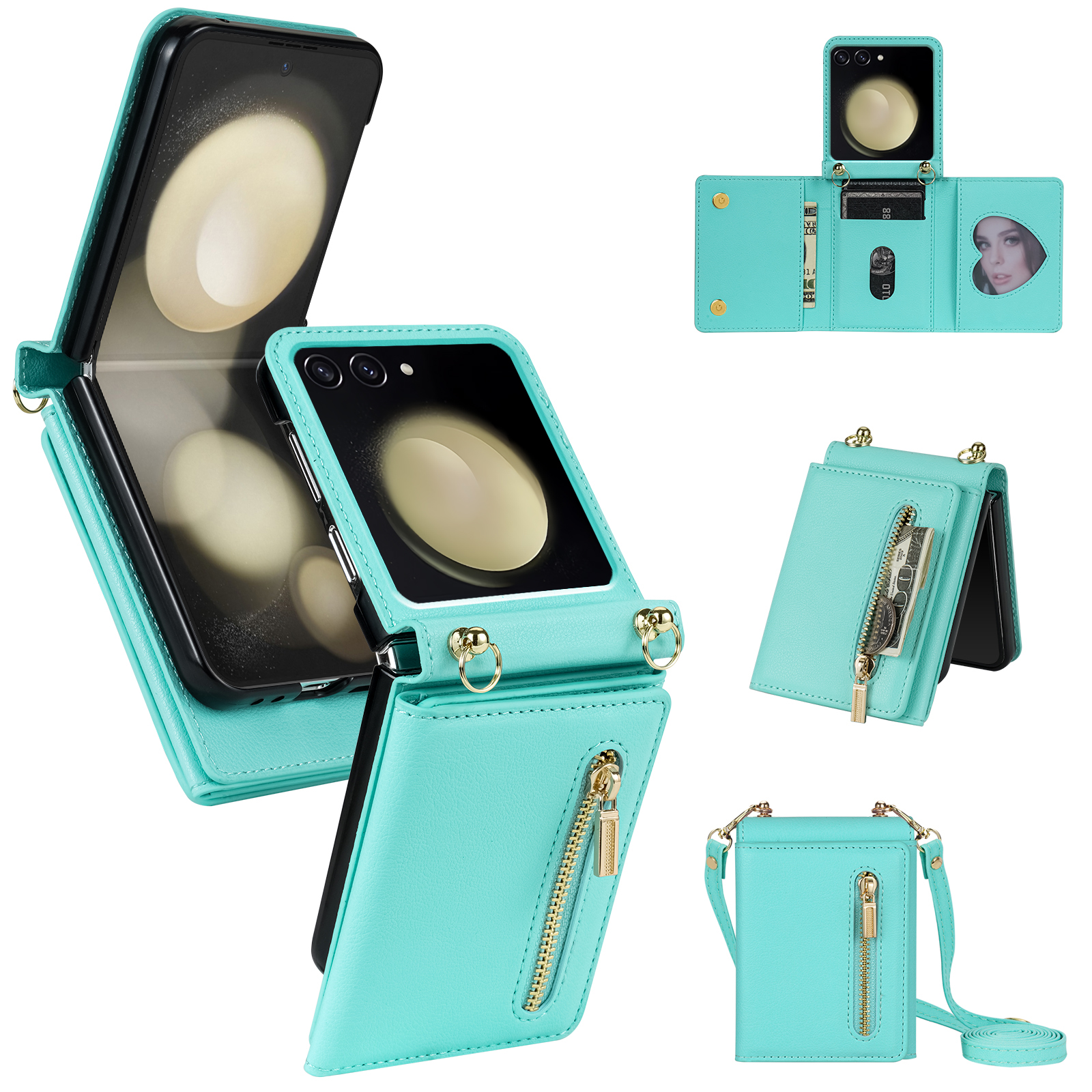 For Samsung Galaxy Z Flip7 5G Case Zipper Wallet PU + TPU + PC Phone Cover with Shoulder Strap - Mint Green
