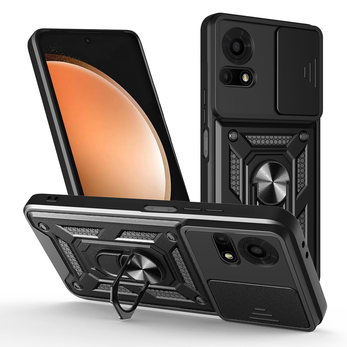 For TCL 50 LE Case with Slide Camera Lid PC + TPU Kickstand Phone Cover - Black