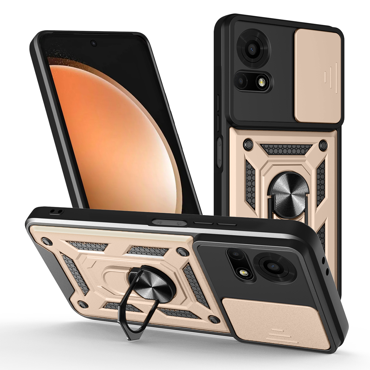 For TCL 50 LE Case with Slide Camera Lid PC + TPU Kickstand Phone Cover - Gold