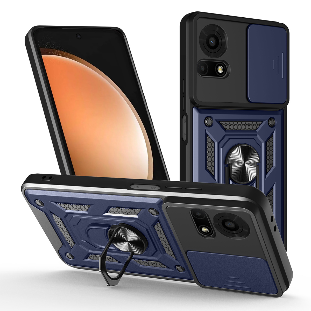 For TCL 50 LE Case with Slide Camera Lid PC + TPU Kickstand Phone Cover - Blue