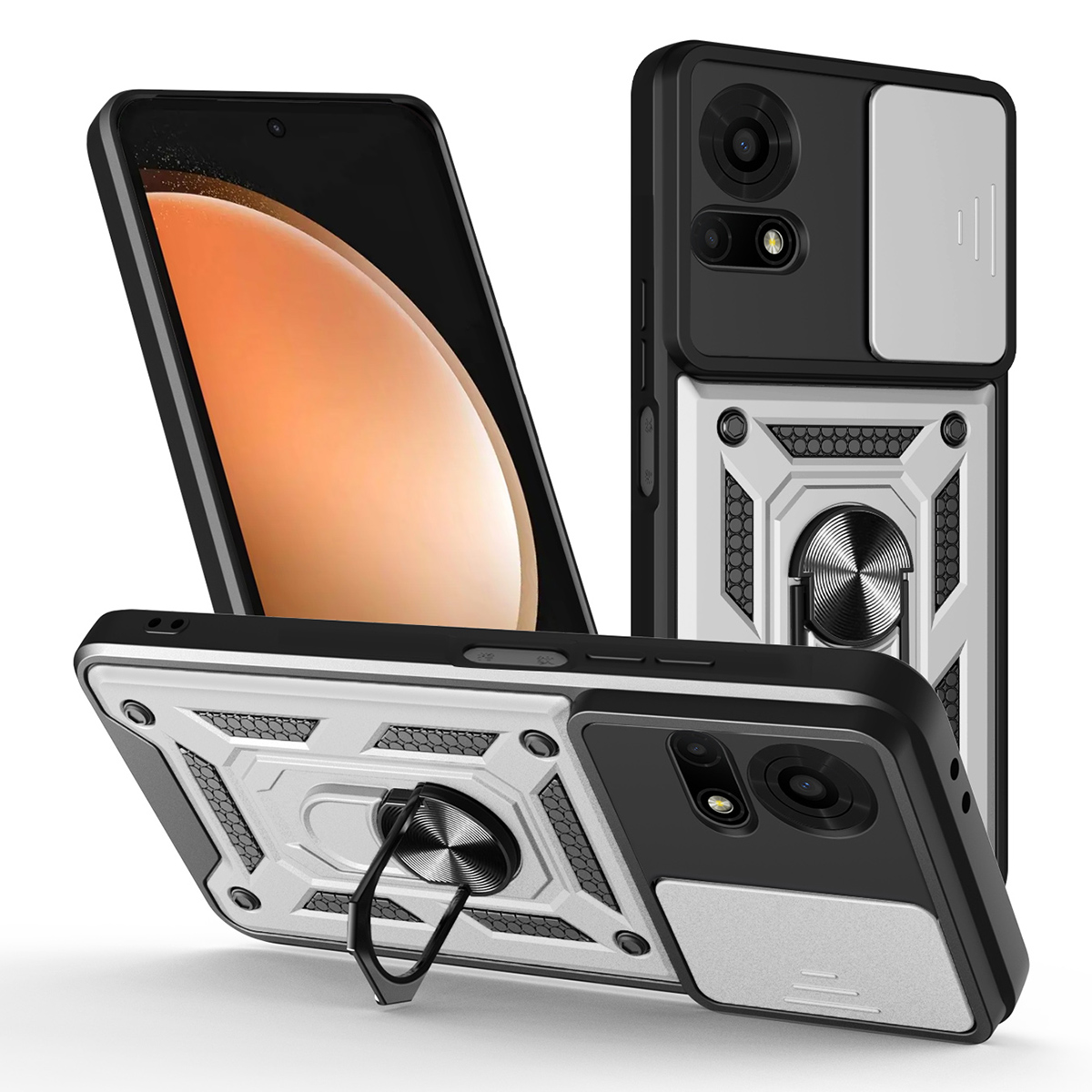 For TCL 50 LE Case with Slide Camera Lid PC + TPU Kickstand Phone Cover - Silver