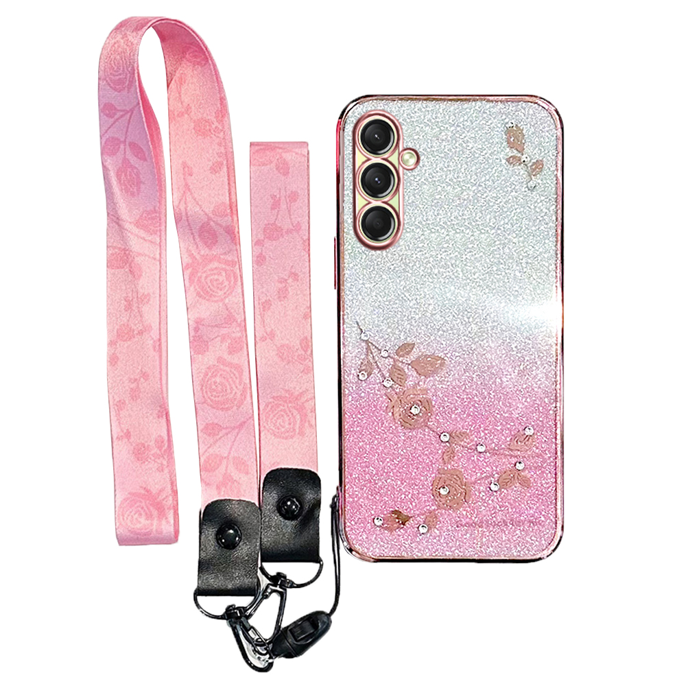 KADEM For Samsung Galaxy A17 5G / A17 4G Case Flower Pattern TPU Gradient Phone Cover with Lanyards - Rose Gold