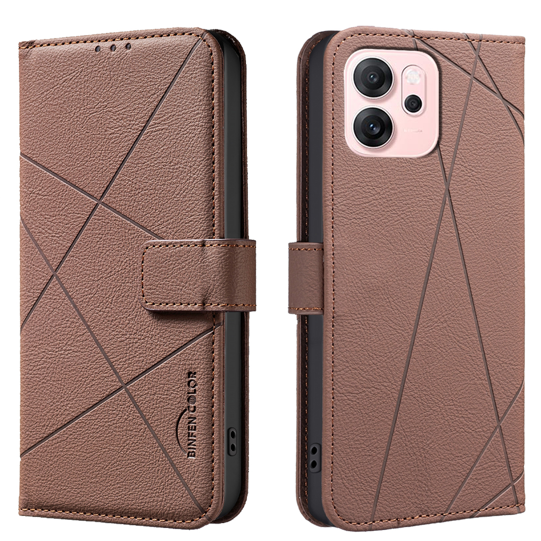 BINFEN COLOR For Oppo Reno14 F 5G Case  BF35 Geometry Imprinted Leather Phone Cover RFID Blocking Wallet Stand - Brown