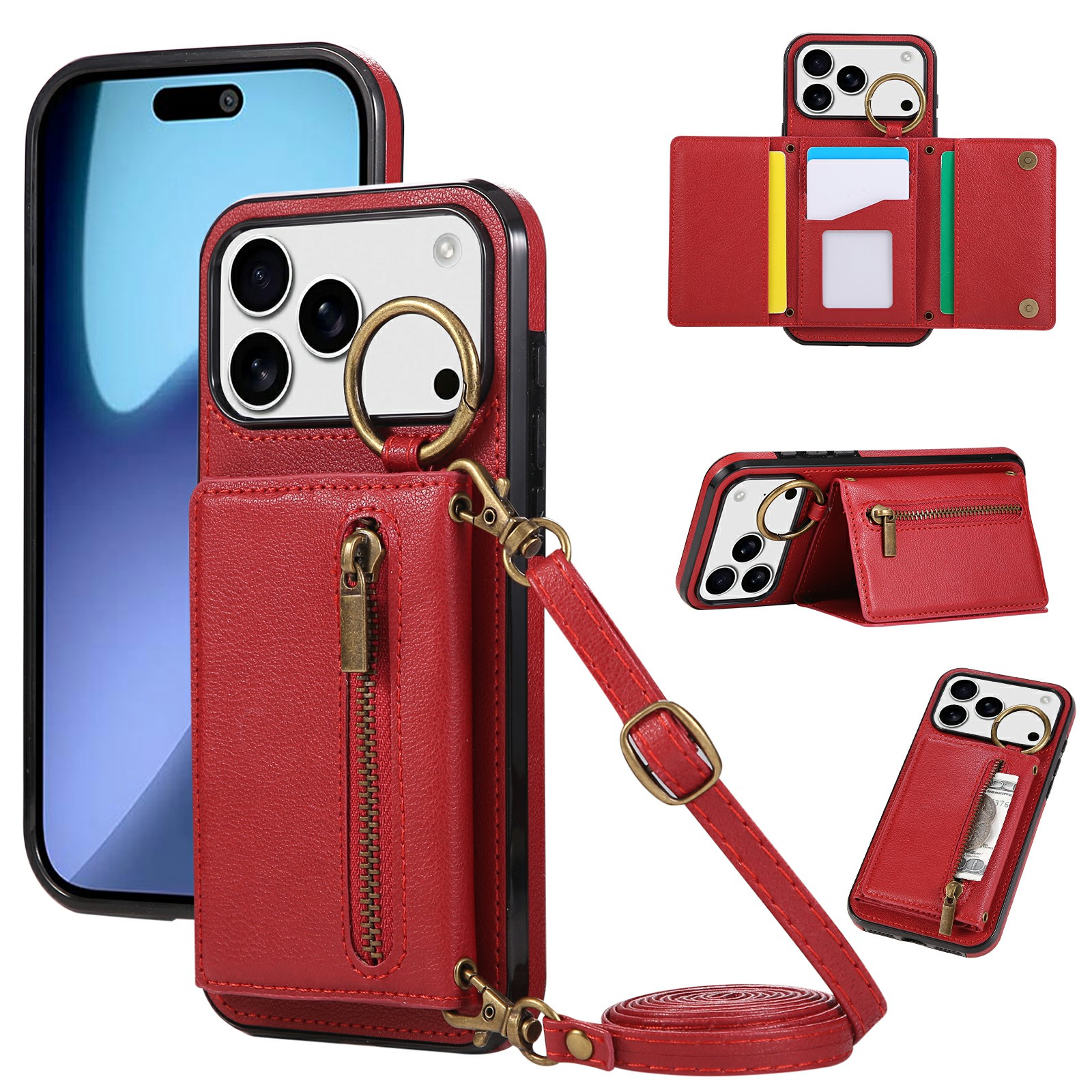 For iPhone 17 Pro Leather Back Cover Zipper Wallet Kickstand Phone Case with Shoulder Strap - Red