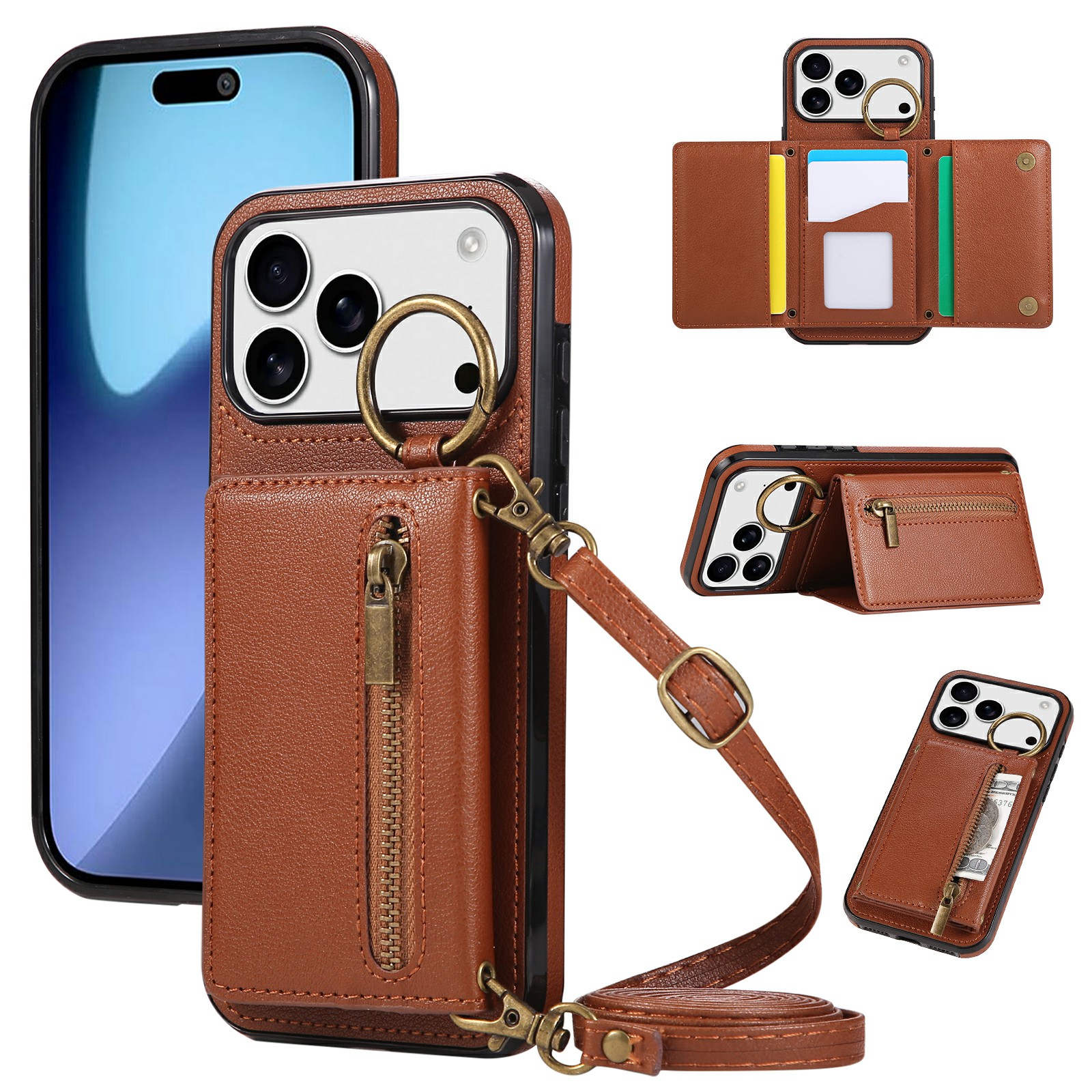 For iPhone 17 Pro Leather Back Cover Zipper Wallet Kickstand Phone Case with Shoulder Strap - Brown