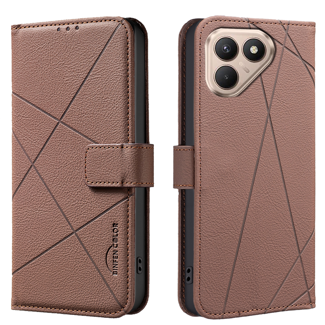 BINFEN COLOR For TECNO Pova 7 4G Case  BF35 Geometry Imprinted Leather Phone Cover RFID Blocking Wallet Stand - Brown