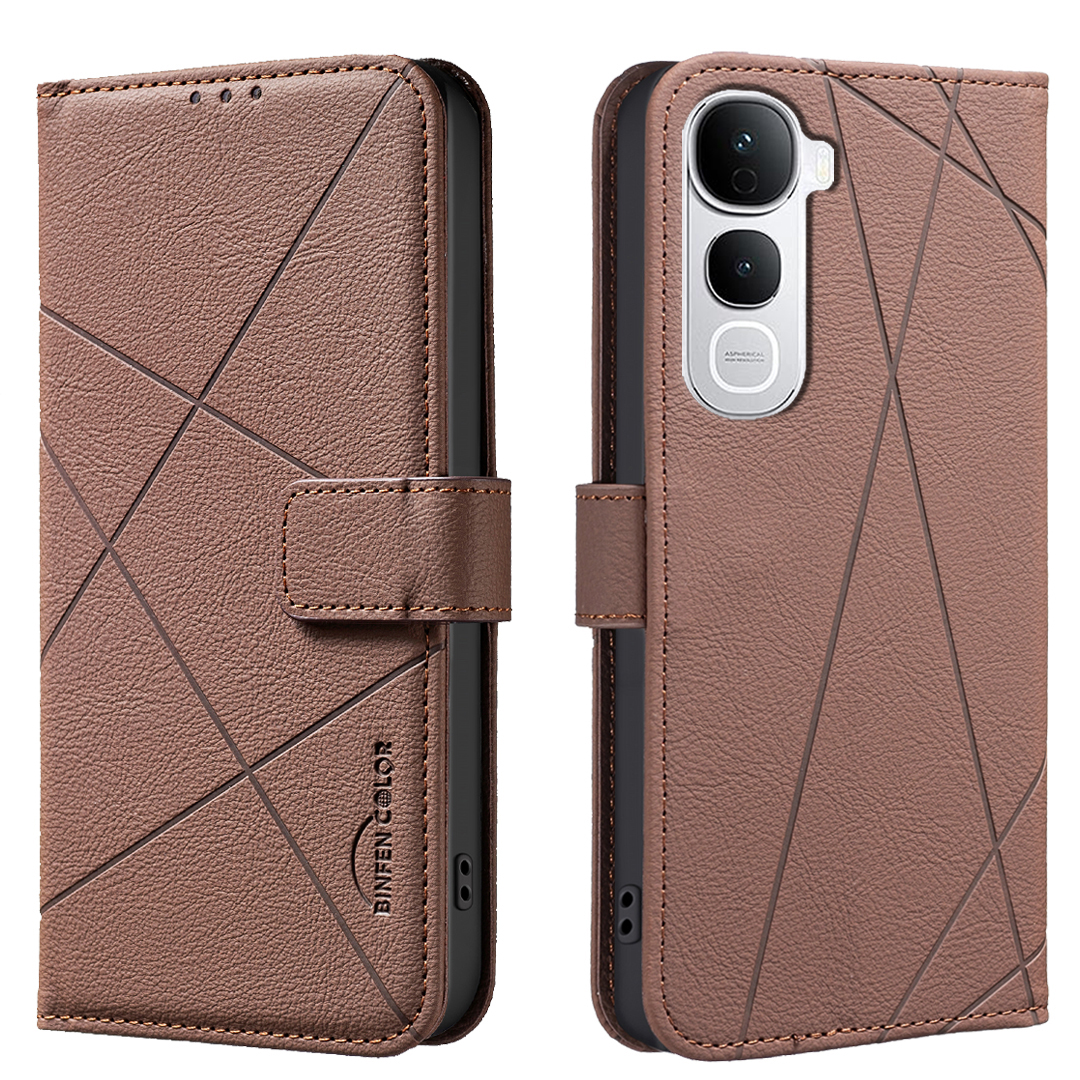 BINFEN COLOR For vivo Y400 Pro 5G Case  BF35 Geometry Imprinted Leather Phone Cover RFID Blocking Wallet Stand - Brown