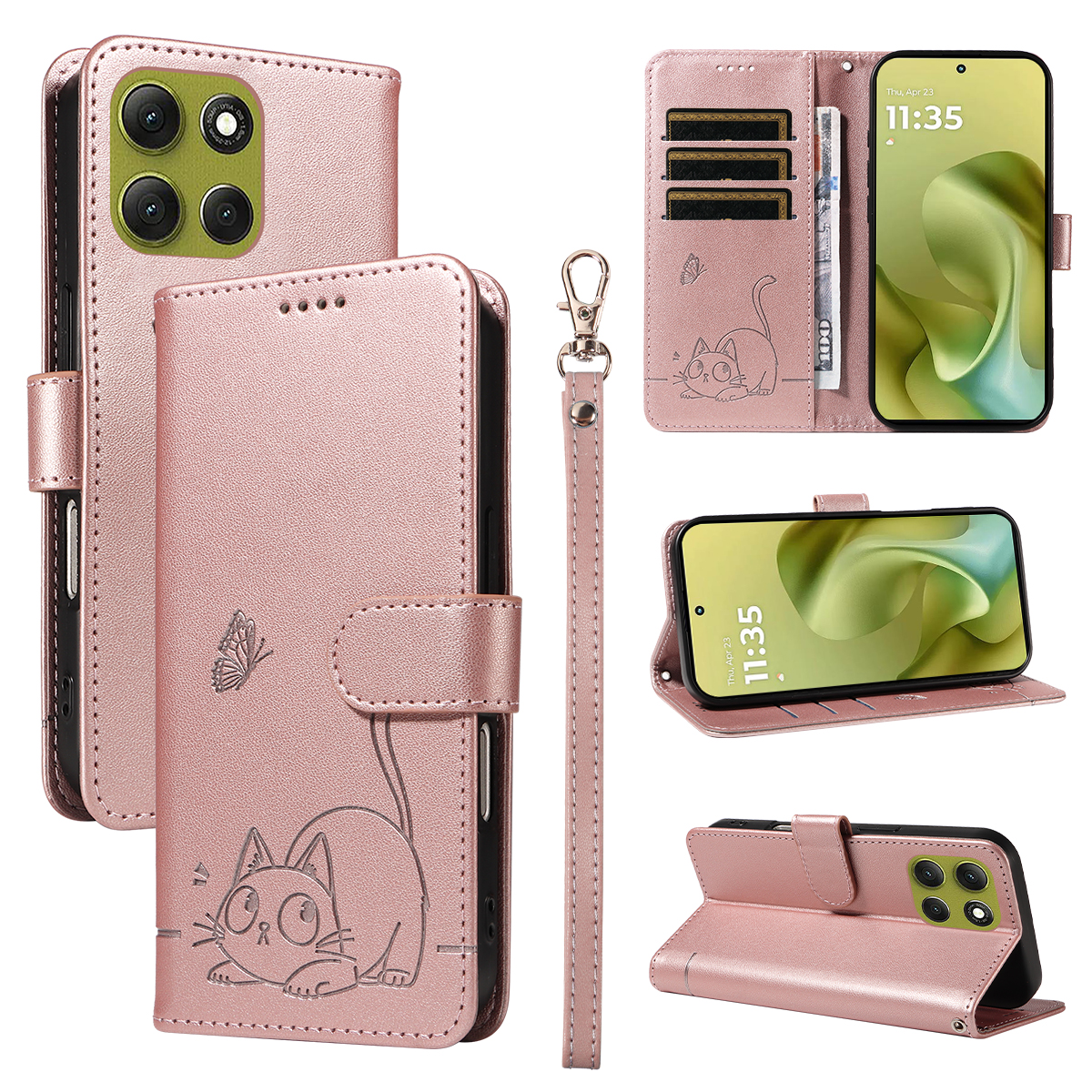For Motorola Moto G86 5G / G86 Power 5G Case Cat Pattern Imprint Leather Phone Cover with Wrist Strap - Rose Gold