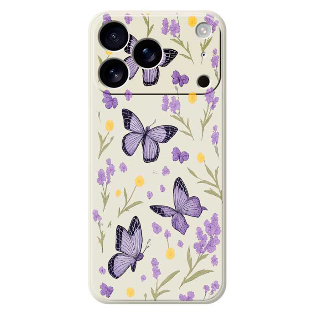 For iPhone 17 Pro Case Purple Butterflies Pattern Printing Straight Edge TPU Phone Back Cover - Beige