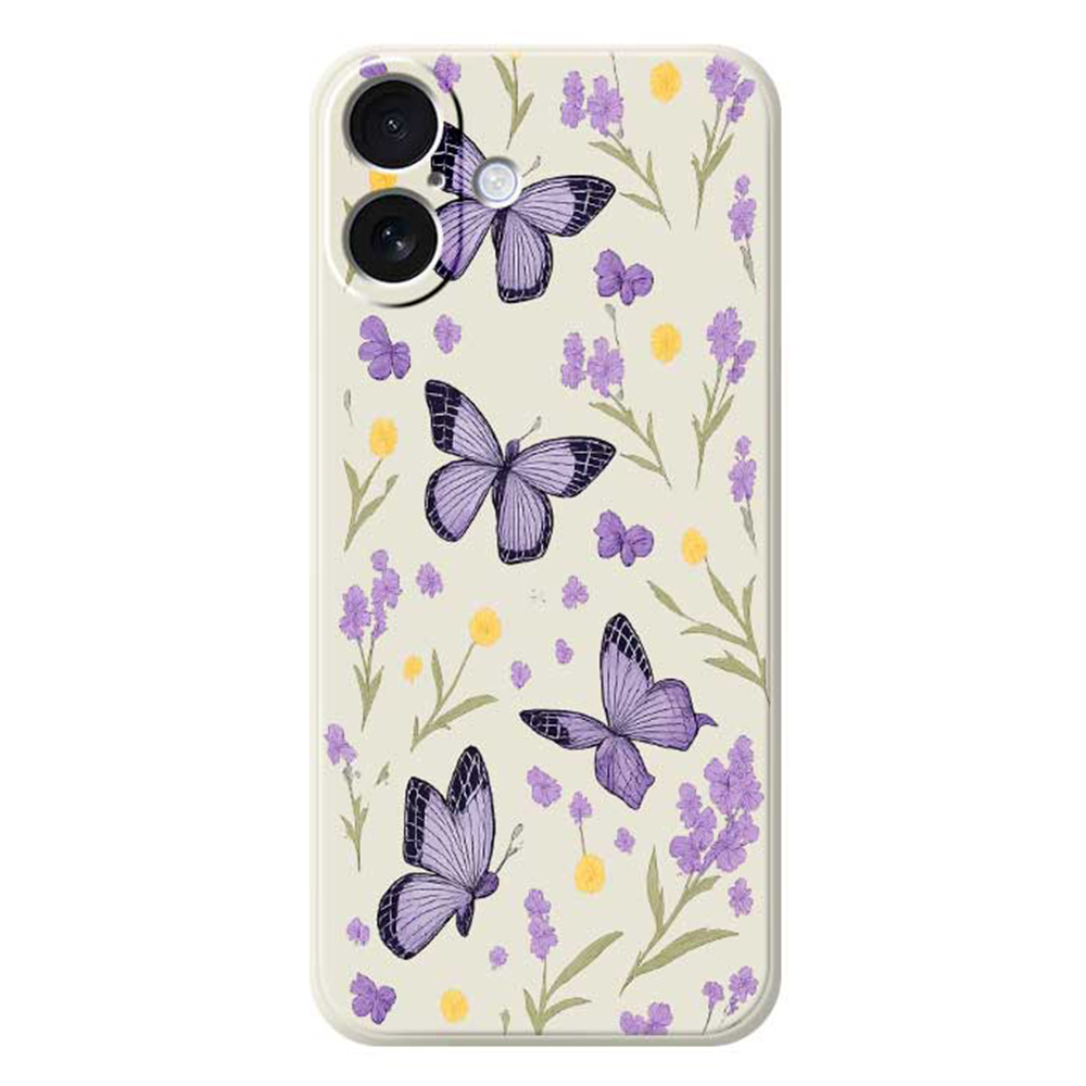 For iPhone 17 Case Purple Butterflies Pattern Printing Straight Edge TPU Phone Back Cover - Beige