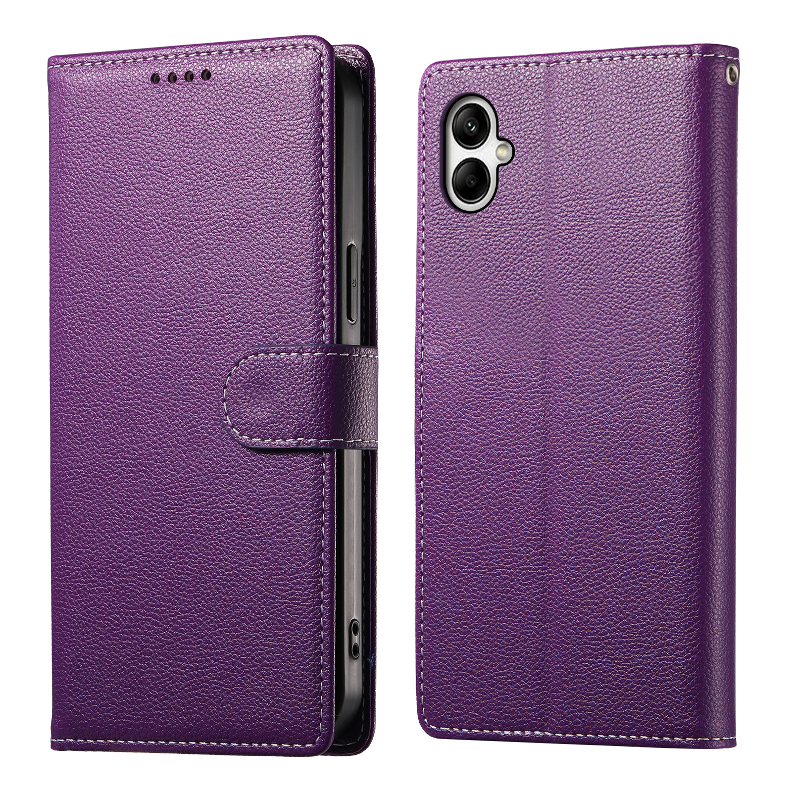 For Samsung Galaxy A07 5G / A07 4G Case Magnetic Snap Litchi Texture Leather Wallet Phone Cover with Wrist Strap - Purple