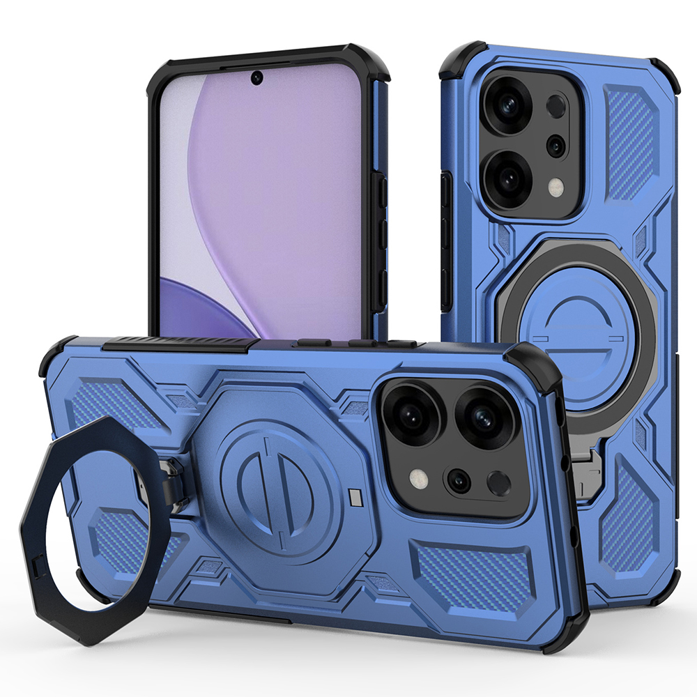 For Oppo Reno14 5G (Global) Magnetic Case Rotating Metal Kickstand PC + TPU Phone Back Cover - Dark Blue