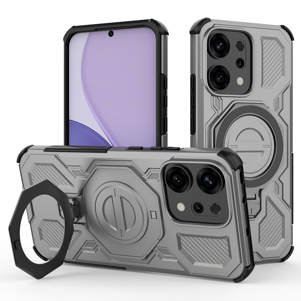 For Oppo Reno14 5G (Global) Magnetic Case Rotating Metal Kickstand PC + TPU Phone Back Cover - Grey