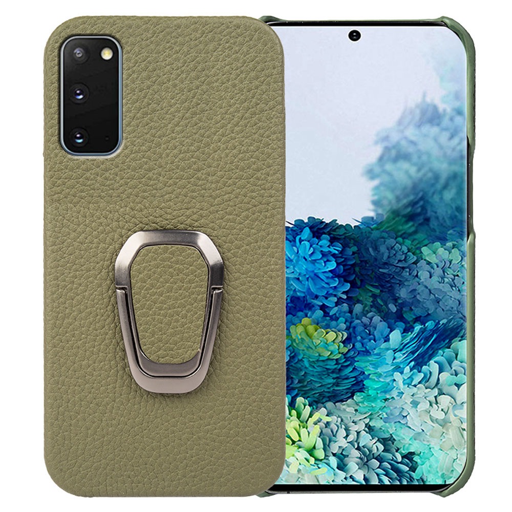 

For Samsung Galaxy S20 4G / 5G Ring Kickstand Back Case Litchi Texture Genuine Leather Coated PC Phone Shockproof Cover - Dark Green, Galaxy S20 4G
