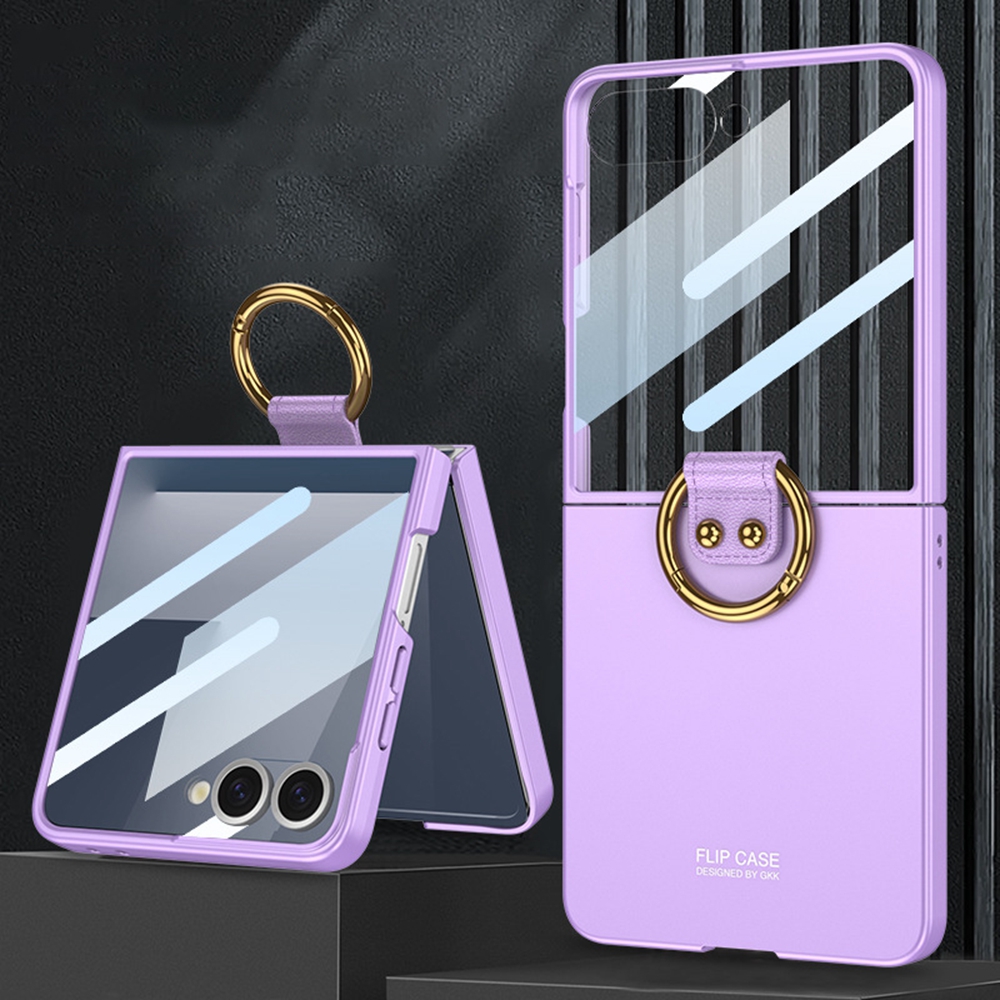 GKK For Samsung Galaxy Z Flip5 5G Case PC + Tempered Glass Back Film Phone Shell with Ring Kickstand - Purple