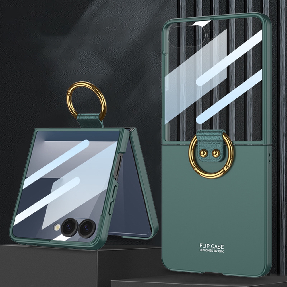 GKK For Samsung Galaxy Z Flip5 5G Case PC + Tempered Glass Back Film Phone Shell with Ring Kickstand - Green