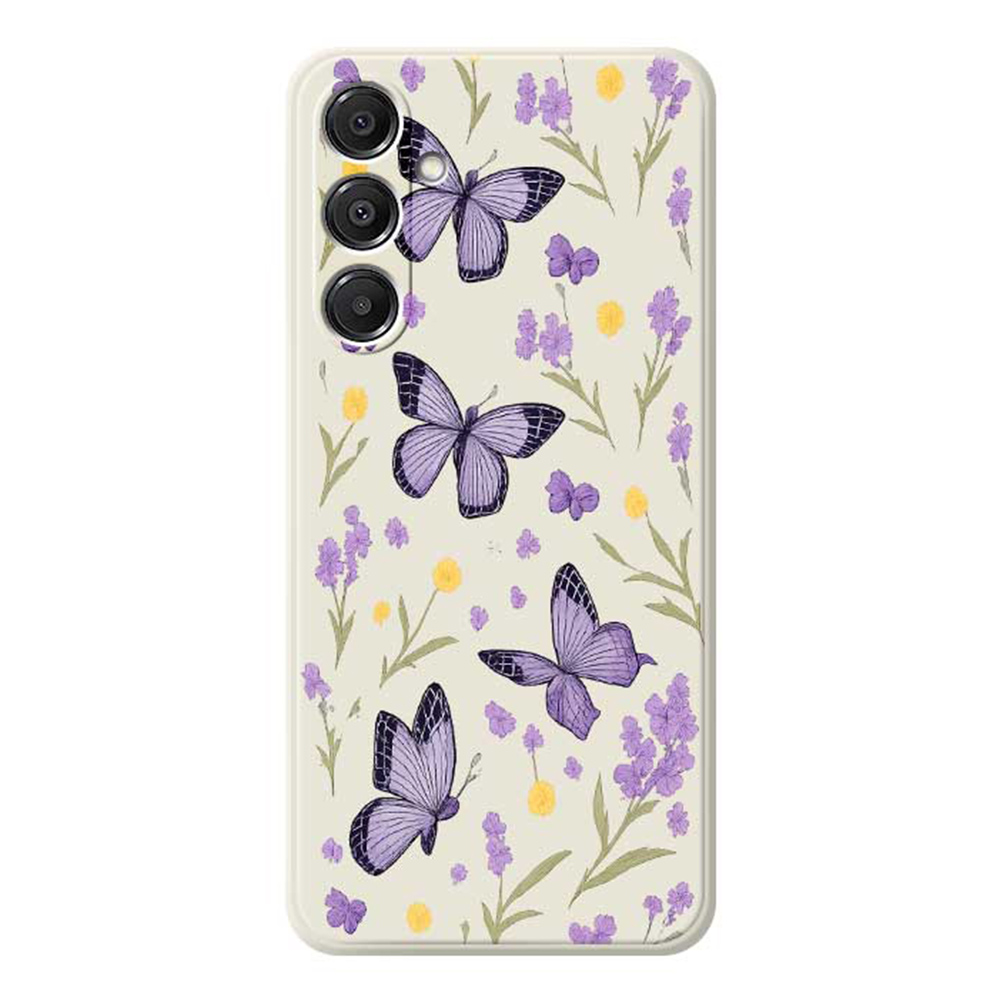 For Samsung Galaxy A16 5G  /  4G Case Purple Butterflies Pattern Printing Straight Edge TPU Phone Back Cover - Beige