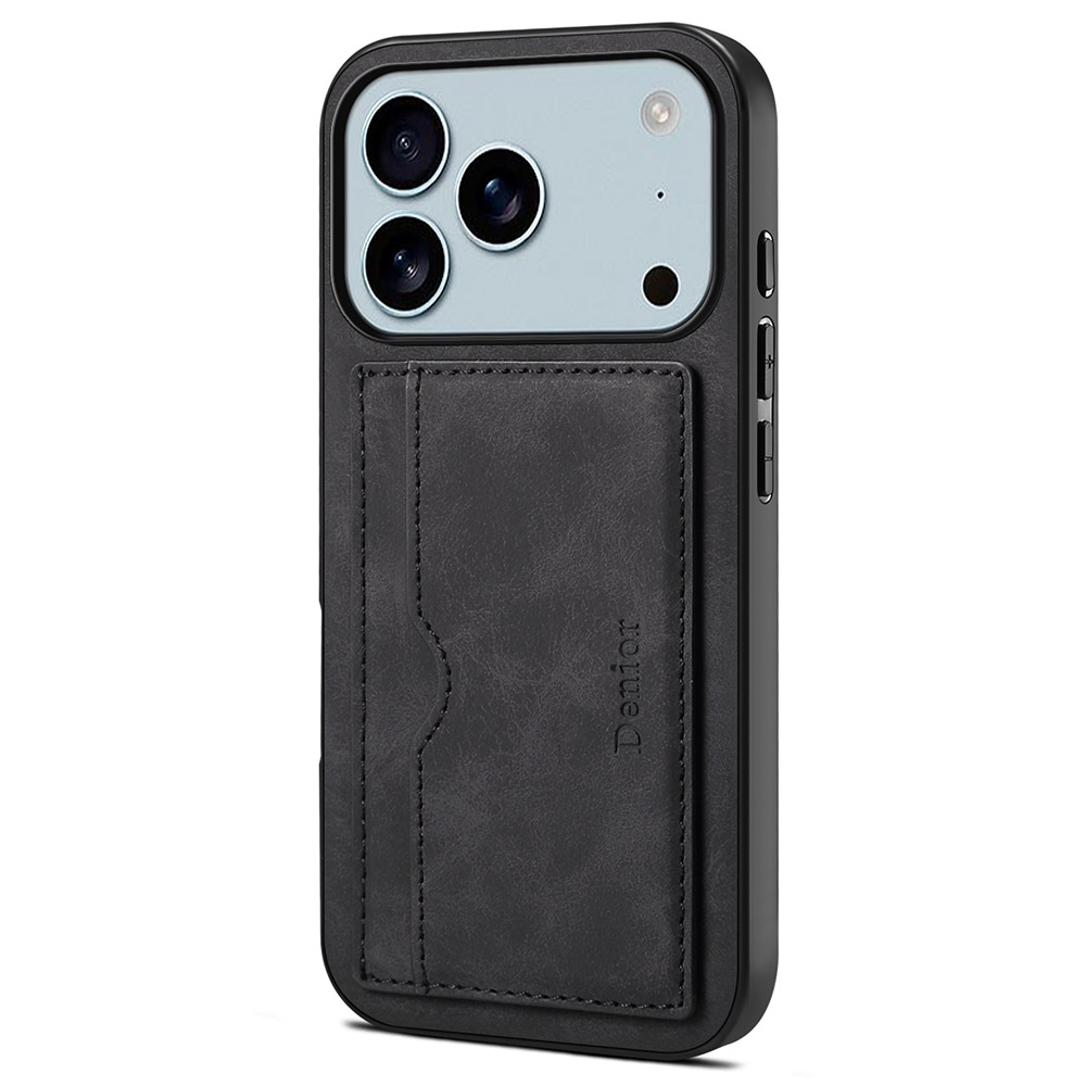 DENIOR For iPhone 17 Pro Case Card Holder Kickstand Leather Phone Back Cover - Black