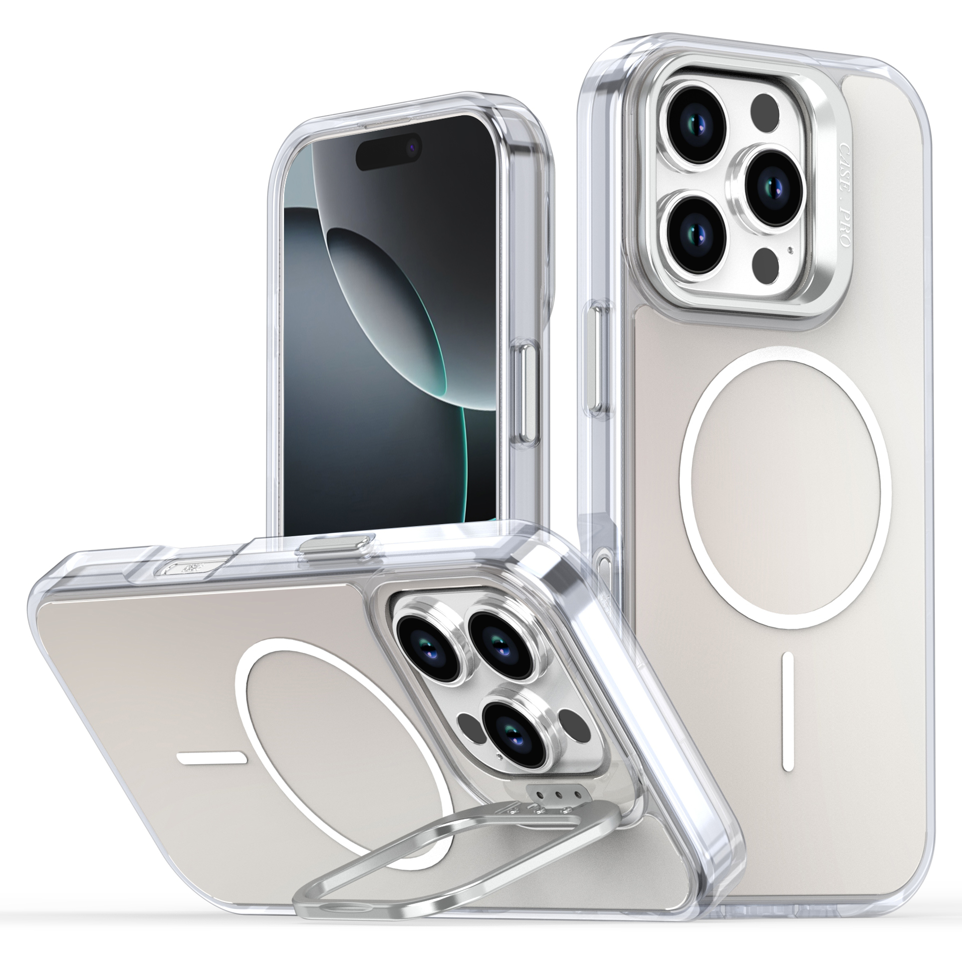 For iPhone 16 Pro Case Compatible with MagSafe TPU + Acrylic Gradient Phone Cover with Kickstand - White